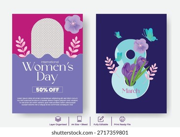 Minimal Women’s Day A4 Print Flyer Poster and Leaflet Brochure Cover Templates Featuring Elegant Floral Vector Illustration