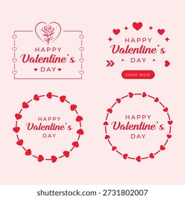 Insignia y marco mínimo del día de San Valentín con Elementos en forma de corazón y tipografía limpia sobre un fondo rosa suave. Ilustración vectorial plana con símbolos románticos modernos, apto para Valentin