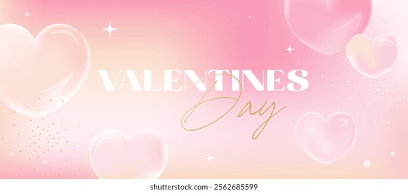 Minimal Valentine’s Day banner with glossy pink hearts, soft gradients, and fluffy aesthetics for romantic event cards and wedding invitations