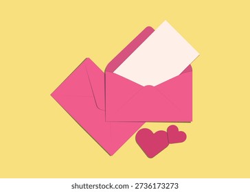 Minimal Valentine’s Day concept featuring a pink envelope with a love letter and heart shapes. Romantic message, affection, relationship, dating, and celebration of love. vector illustration flat