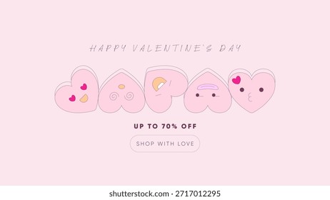 Cartel mínimo del día de San Valentín y Plantilla de Anuncio con personajes lindos del corazón. Diseño suave de la cubierta del saludo del pastel para la venta del amor, la promoción romántica de las vacaciones y los diseños modernos de las redes sociales.