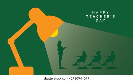 Mínima ilustração vetorial do Dia do Professor de um professor guiando os alunos sob um abajur, simbolizando dedicação, foco e educação significativa.