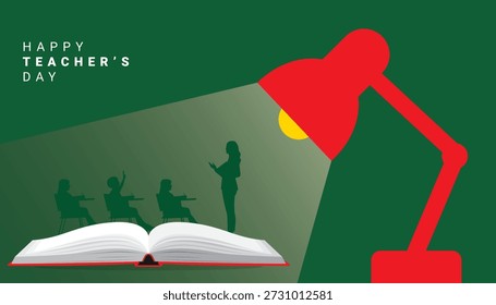 Mínima ilustração vetorial do Dia do Professor de um professor guiando os alunos sob um abajur e um livro, simbolizando dedicação, foco e educação significativa