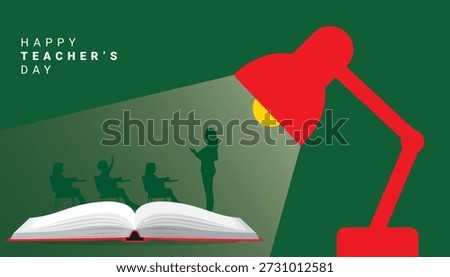 Minimal Teacher’s Day vector illustration of a teacher guiding students under a desk lamp and a book, symbolizing dedication, focus and meaningful education