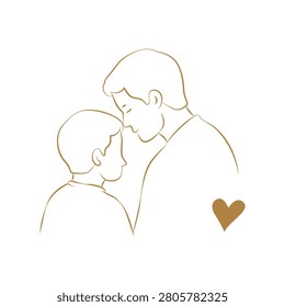 Minimal Father’s Day vector line art illustration featuring a loving father and child sharing a gentle forehead touch moment. Elegant family bonding concept symbolizing love, care, trust, protection and the special connection between dad and child. Perfect for greeting cards, posters, wall art, invitations, social media, family campaigns and Father’s Day celebration designs.