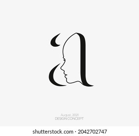 Minimal dea silhouette of a woman head with letter a for logo and symbol isolated on white background.