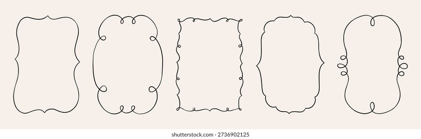 Minimal decorative hand drawn doodle frames with elegant curved lines. Abstract vintage borders in simple linear style. Isolated on light background for cards, invitations, branding and templates