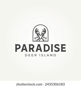 minimal deer buck stag paradise island line art badge icon logo vector illustration design