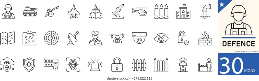 Minimal Defence line icons for security, protection, shield, safety, military, and defense systems. Perfect for security services, apps, and protection-related projects
