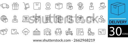 Minimal Delivery Line Icon Set 30 Clean Outline Symbols for Shipping, Logistics, and E-commerce UI Design