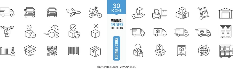 Minimal Delivery Logistics Line Icon Set, Editable Shipping and Courier Outline Collection, Modern Warehouse Transport Vector Pack