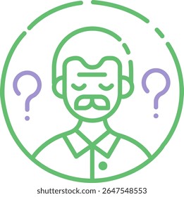 Minimal dementia care icon — brain and support hand in green purple line style
