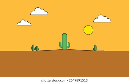 Paisagem mínima do deserto com cactos, sol, nuvens, cena de natureza serena em tons quentes, ilustração de vetor
