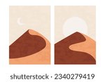 Minimal desert landscape. Panoramic desert sands sun moon, simple contemporary posters, abstract boho prints. Vector set