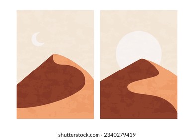 Minimal desert landscape. Panoramic desert sands sun moon, simple contemporary posters, abstract boho prints. Vector set