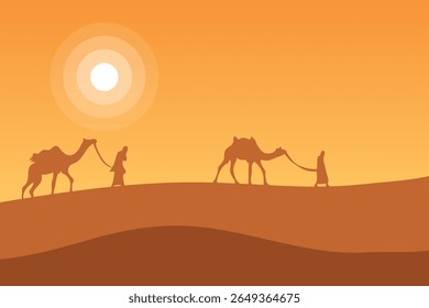 Minimal desert landscape and silhouette with camels and people, organized, editable, and layered 