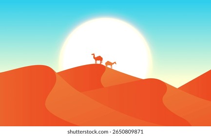 Minimal desert landscape with two camels standing on sand dunes under a glowing sun. Flat vector style illustration representing travel, nature, and Middle East scenery