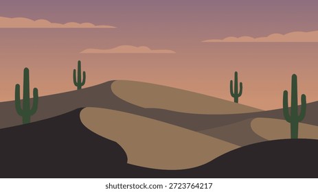 Escena de desierto minimalista con dunas de arena lisa, plantas de cactus y un suave cielo al atardecer ideal para viajes por la naturaleza Fondos de pantalla de temas occidentales Anuncios de carteles y diseños paisajísticos tranquilos