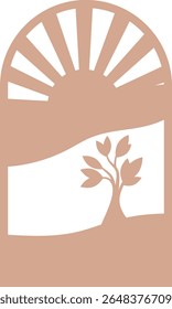 Escena mínima del desierto con el árbol y el sol – Ilustración del diseño para la decoración, decoración de la pared, Fondo de pantalla, cubierta, Anuncio.