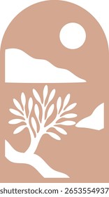 Escena mínima del desierto con el árbol y el sol – Ilustración del diseño para la decoración, decoración de la pared, Fondo de pantalla, cubierta, Anuncio.