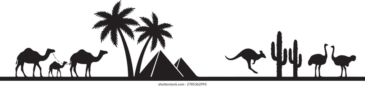 Minimal Desert Silhouette Landscape With Camels Cactus Ostriches And Kangaroo