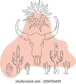 Minimal desert vibes hand drawn print. Cartoon illustration of sun, buffalo skull and saguaro cactus. Death Valley line art. Texas rodeo illustration.