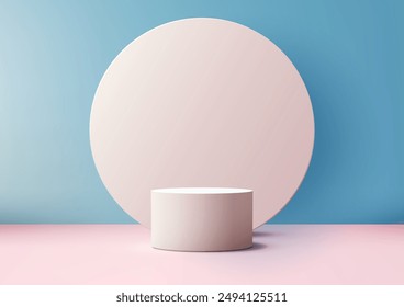 Minimal Design 3D White Podium and Pastel Pink Circle Panel Against Light Blue Backdrop, Elegant Product Display Mockup for Showroom Showcase