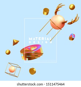Minimal design abstract background with shapes 3d. Realistic render . Creative design poster, minimal art trendy vector illustration. geometric objects, balls, spheres, pyramid, cube, deer horns