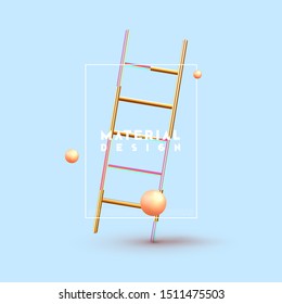 Minimal design abstract background with shapes 3d. Realistic render of objects. Creative design poster, minimal art trendy. Golden metal staircase up, sphere and ball. vector illustration.