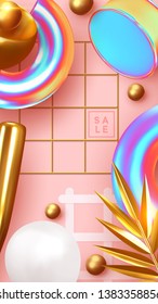 Minimal design background with realistic 3d objects of different shapes. creative abstraction poster, golden palm leaves, gold sphere, ball round, Pattern with geometric figure. art trendy composition