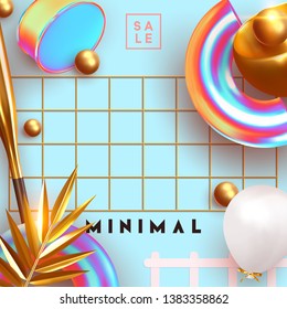 Minimal design background with realistic 3d objects of different shapes. creative abstraction poster, golden palm leaves, gold sphere, ball round, Pattern with geometric figure. art trendy composition