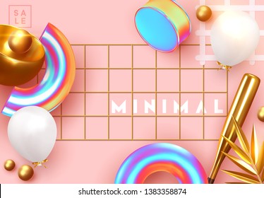 Minimal design background with realistic 3d objects of different shapes. creative abstraction poster, golden palm leaves, gold sphere, ball round, Pattern with geometric figure. art trendy composition