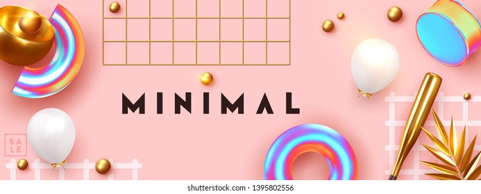 Minimal design background with realistic 3d objects of different shapes. creative abstraction poster, golden palm leaves, gold sphere, ball round, Pattern with geometric figure. art trendy composition