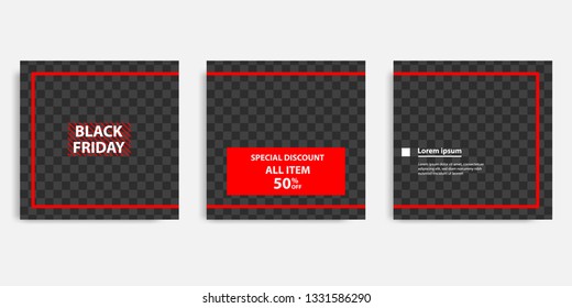 Minimal design background vector illustration in black red white frame color. Editable square abstract vintage, geometric strip line shape banner template for social media post, stories, story, flyer.