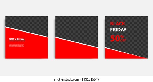 Minimal design background vector illustration in black red white frame color. Editable square abstract vintage, geometric strip line shape banner template for social media post, stories, story, flyer.