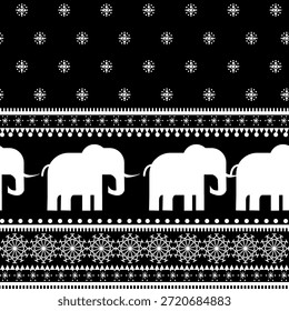 Diseño minimalista elefante blanco y negro sin patrón con acentos geométricos de copo de nieve para el diseño textil y de Fondo de pantalla