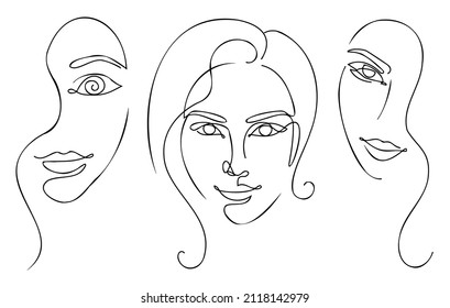 Minimal design, black and white line art sketch, outline woman portrait illustration set. Abstract thin contour thin face line art collection.
