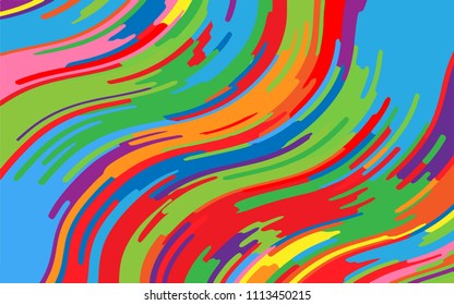 Minimal design. Bright rainbow background. Abstract pattern with wave lines. Vivid colorful striped background. Geometric wavy backdrop. Vector illustration