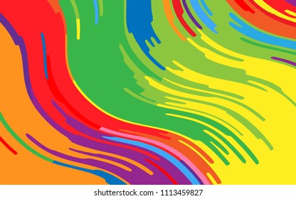 Minimal design. Bright rainbow background. Abstract pattern with wave lines. Vivid colorful striped background. Geometric wavy backdrop. Vector illustration