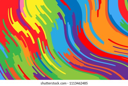 Minimal design. Bright rainbow background. Abstract pattern with wave lines. Vivid colorful striped background. Geometric wavy backdrop. Vector illustration