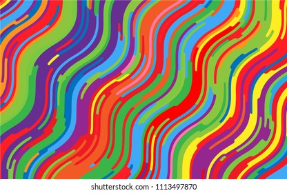 Minimal design. Bright rainbow background. Abstract pattern with wave lines. Vivid colorful striped background. Geometric wavy backdrop. Vector illustration