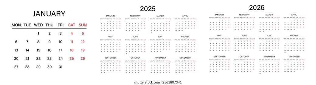 minimal design calendar for year 2025 and 2026. simple calendar, week starting with monday. printable vector illustration.
