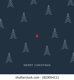 Minimale Design Weihnachtskarte Vektorvorlage mit roten Nasen Rentiere in Wäldern. Winterurlaubslandschaft mit weißen Bäumen nachts. Eps10 Illustration.