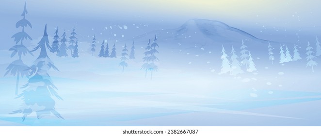 Minimal design. Creative vector seasonal winter banner. Watercolor textured landscape with snow, mountains and trees. 