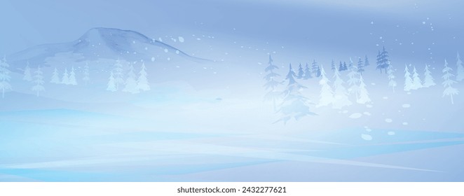 Diseño minimalista. Banner de invierno de temporada vector creativo. Paisaje con textura de acuarela con nieve, montañas y árboles. 