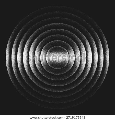 Minimal design element with layered concentric circles in stippling style. Symmetrical geometric layers radiate from the center. Dynamic illusion of sound waves and ripples forming hypnotic visual rhythm. Dot texture with soft gradient shading creates depth and balance for modern design projects. Concentric rings fade toward the edges creating sense of motion and depth with modern minimal aesthetics. Vector illustration