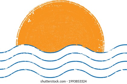 Minimal design element . Sun and blue abstract waves . Sunset logo element. Surfing icon . Brush stroke . Vector illustration. 