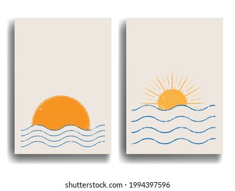 Elemento de diseño mínimo. Olas abstractas de sol y azul. Elemento de logotipo de Sunset. Arte bohemio. Ilustración vectorial. 