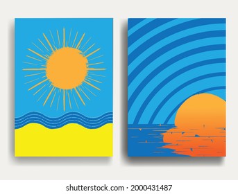 Elemento de diseño mínimo. Sol, playa de arena y olas abstractas azules. Elemento de logotipo de Sunset. Arte bohemio. Ilustración vectorial. 