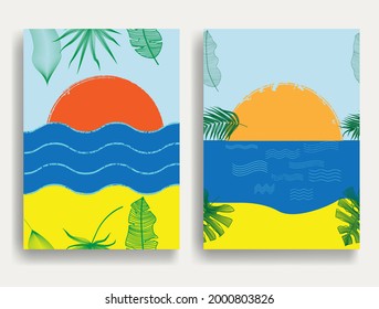 Minimal design element . Sun, sand beach , tropical leaves and blue abstract waves . Sunset logo element. Bohemian art . Vector  illustration. 